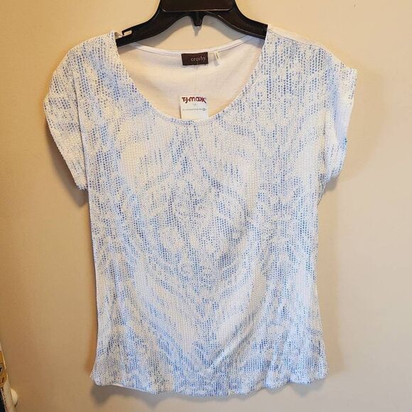 Crosby Womens Tops Sequenced Blue Short Sleeve Blue White Small - Picture 2 of 8